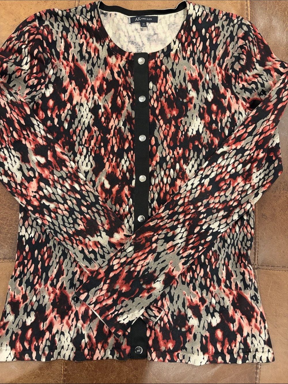 Anne Klein Coral Black Cream Animal-Print Button Cardigan